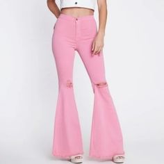 Rise: 10 Inseam: 33 52% Tencel 35.7% Cotton 10.5% T400 1.8% Spandex Made In Usa Trendy Mid-rise Pink Bottoms, Pink Wide Leg Flares For Spring, Pink High Waist Non-stretch Pants, Non-stretch High Waist Pink Pants, High Waist Non-stretch Pink Pants, Trendy Mid-rise Pink Pants, Pink Fitted High-rise Flare Jeans, Fitted High-rise Pink Flare Jeans, Trendy High Rise Pink Pants