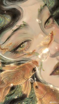 a woman's face with gold fish in her mouth and bubbles coming out of her eyes