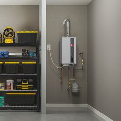 a room with shelves, tools and other items on the wall next to each other