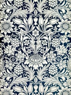 an intricately designed wallpaper with white flowers and leaves on black background, in the middle