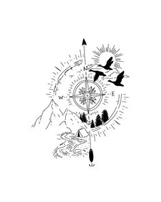 a black and white drawing of a compass with birds flying around it, surrounded by mountains