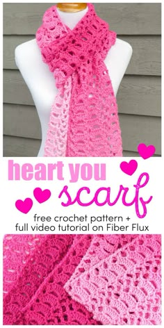 a pink crochet scarf on top of a white mannequin with the words heart you scarf