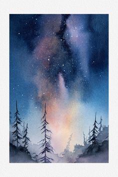 watercolor painting of trees and the night sky