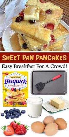 The Benefits of Baking Pancakes in the OVEN! It's quick and easier, It saves you from standing over the stove flipping one or two pancakes at time, it’s all done at the same time( so everyone can enjoy a hot breakfast together), the butter is brushed on as soon as it’s out of the oven so no passing the butter tray around the table, you can cut them to any size you'd like, and they taste just as good as regular pancakes! The easiest way to make pancakes for a large family or crowd. Pancakes In The Oven, Classic Pancake Recipe, Donut Hole Recipe, Easy Donuts, Make Pancakes, Baked Pancakes, Recipes Family