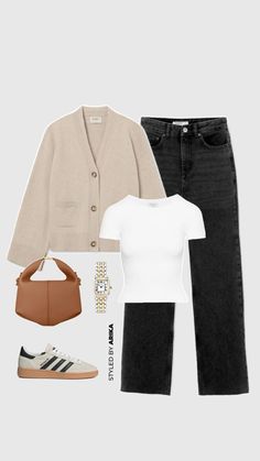 a woman in white shirt and black jeans with brown handbag, beige cardigan jacket