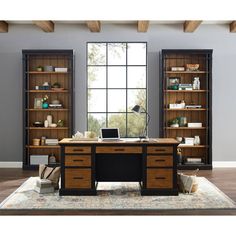 an office area with desk, bookcases and rug in front of large window