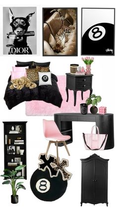 black and pink bedroom decor with pictures on the wall, bedding, rugs, table