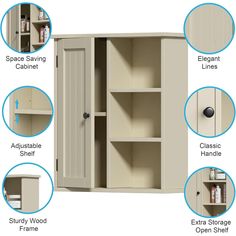 various parts of a cupboard with doors and shelves on each side, including an extra storage compartment