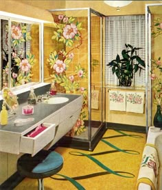 an old fashioned bathroom with flowers on the shower curtain