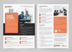 an orange and black business brochure with two men working on laptops in the background