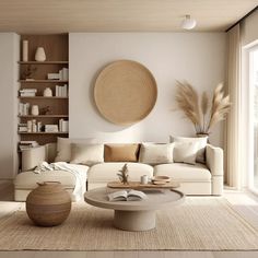 a living room filled with white furniture and lots of natural items on the wall behind it