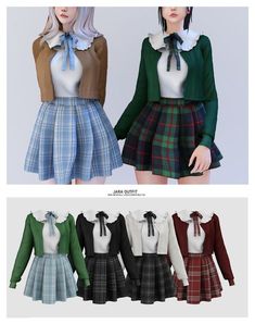 three different styles of skirts and blouses with bows on the collared neckline