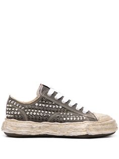 ash grey canvas contrast stitching front lace-up fastening all-over stud embellishment logo patch at the tongue rubber toecap round toe branded insole distressed oversize rubber sole Outfits With Maison Mihara Yasuhiro, Puma Mihara Yasuhiro, Mihara Yasuhiro Shoes Outfit, Masion Mihara Shoes, Maison Mihara Shoes, Mihara Yasuhiro Shoes Women, Maison Mihara Yasuhiro Sneakers, Studded Sneakers, Balenciaga Track