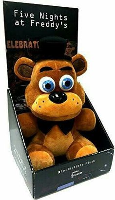 a brown teddy bear with big eyes in a black cardboard box that says five nights at friday's