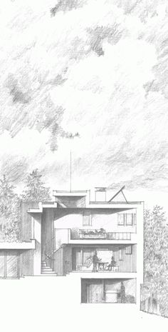 an architectural drawing of a building with trees in the background