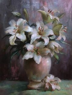 a painting of white flowers in a vase