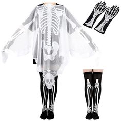 the skeleton costume is shown with stockings and gloves