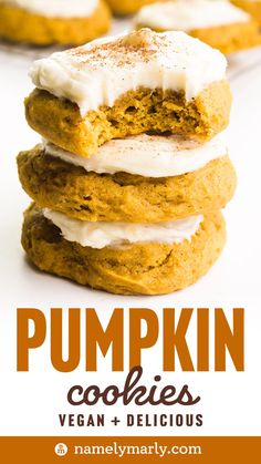 pumpkin cookies are stacked on top of each other