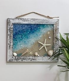 a frame hanging on the wall with shells and starfishs in it next to a potted plant