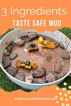 Toy construction trucks with fake taste safe mud and pebbles Sensory Mud Recipe, Edible Mud Sensory Play, Taste Safe Mud Sensory, Non Messy Sensory Play, Taste Safe Mud Recipe, Messy Play Outdoors, Sensory Play Outdoors, Taste Safe Mud, Play Mud Recipe