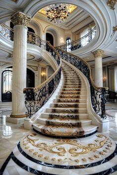 an elegant staircase with marble floors and chandelier in a large palace like building