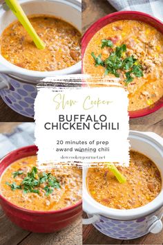 two bowls filled with buffalo chicken chili on top of a wooden table