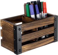 Magnetic Burnt Wood Caddy with Matte Black Metal Corner Brackets, Office Stationery Organizer, White Board Marker Basket-MyGift Chalk Paint Brushes, Wood Pen Holder, Decorative Storage Bins, Home Classroom, Corner Brackets, Wood Repair, Office Supply Organization, Global Office Furniture, Wood Pens