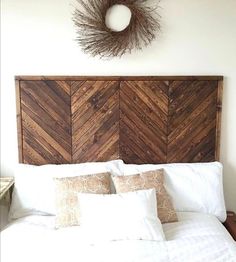 the headboard is made out of wood planks