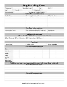 the dog boarding form is shown in this file, and it contains information about how to use