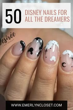 Disney French Manicure Nails, Nails With Disney Designs, Cute Happy Nails, Disney World Nail Art, Epcot Nail Art, Black And White Mickey Nails, Sorcerer Mickey Nails, Disney Nails Black And White, New Years Disney Nails