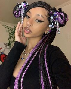 X Braids, Aesthetic Beads, Purple Box Braids, Braids And Beads, Braids Hairstyles Pictures