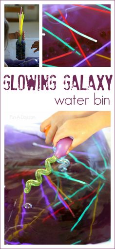 an image of glowing galaxy water bins with text overlay that reads, glowing galaxy water bins