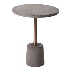 a concrete table with a metal base and a round top, on a white background