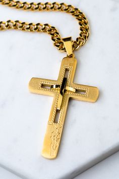 Mens 24k Gold Cross Chain, Gold Cuban Chain Cross Pendant, Mens Cross Necklace, Gold Chain Necklace, Mens Gold Necklace, Cuban Link Chain MODERN CLASSIC - Add style to a basic look with this solid 24K Gold or 14k White Gold Chain Necklaces. Our diamond-cut beveled links are much more reflective than the standard curb chain for a rich, perfect shine. It is strong and durable for daily wear yet not too thick for a comfortable fit. Wear alone with casual or formal attire for everyday modern eleganc Mens Cross Necklace Gold, Cheap Gold Cross Necklace For Men, Mens Gold Necklace, Gold Cross Necklace Long Man, Mens Cross Pendant Gold, Gold Cuban Chain, White Gold Cross Pendant, Cross Necklace Gold, Gold Necklace For Men