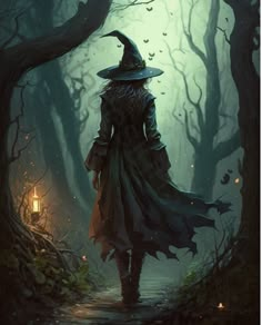 a woman in a witch costume walking through the woods with a lantern on her head