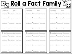 roll a fact family worksheet with four dices and the letter x on it