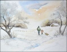 a watercolor painting of a man and child walking in the snow with a dog