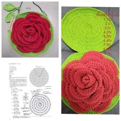 the crocheted purse is made from yarn and has a rose on it, along with instructions for how to sew