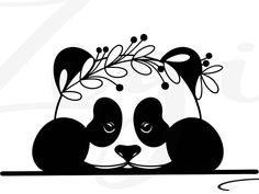 a black and white panda bear with flowers on its head, sitting in front of a wall