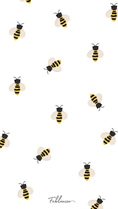 a bunch of bees that are flying in the air on a white background with black and yellow stripes