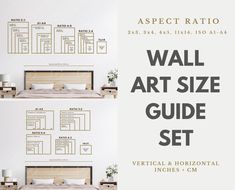 the wall art size guide set is shown in three different positions, including one bed and two