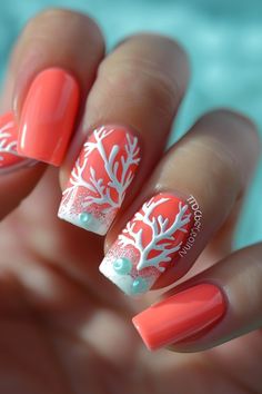 Sandy Nails Design, Fall Beach Nail Designs, Coral Design Nails, Coral Reef Nails, Beach Vibes Nails, Island Nails Designs, Crab Nails, Cruise Nails Bahamas, Tropical Vacation Nails Beach