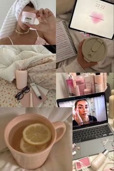 a collage of photos with lemon slices and makeup products on them, including a laptop