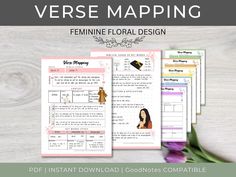 the feminine floral design worksheet is shown in three different colors and sizes, including pink