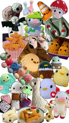 a collage of crocheted stuffed animals and food items are shown in this image