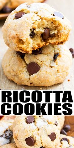 chocolate chip cookies stacked on top of each other with the words ricotta cookies above them