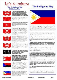 the philippines flag is shown in an article about its colors and symbols, as well as other