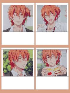 four pictures of an anime character with red hair