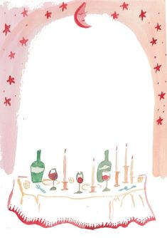 a drawing of a table with wine glasses and bottles on it, surrounded by stars