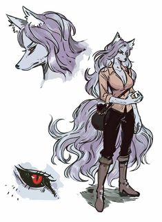 an image of a woman with long hair next to a wolf's head and another drawing